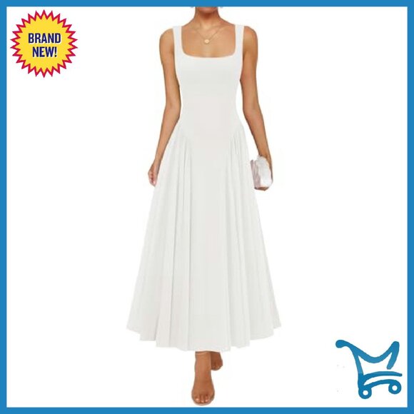 Sleeveless Square Neck Maxi Dress Flowy A-Line Summer Sundress - Picture 2 of 8